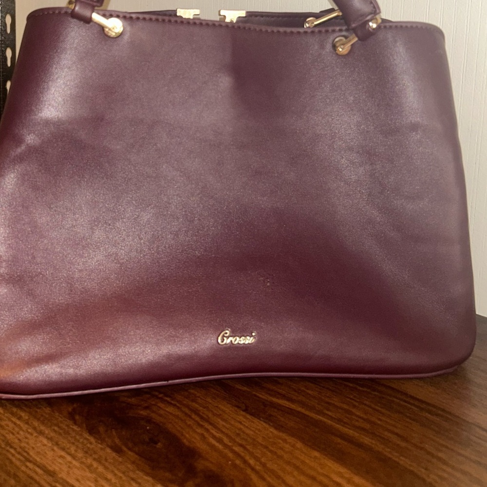 Burgundy Structured Satchel Bag Gold V Top Handle Crossbody Purse - Picture 12 of 12